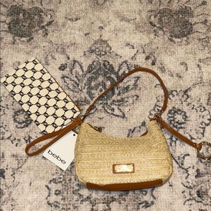 Bebe Gold and Tan Shoulder Bag and Wrislet Pouch with Structured Design